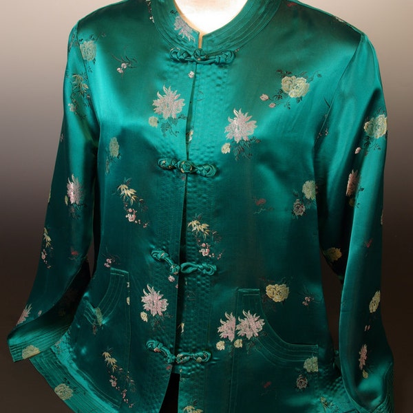 Vintage Peony Brand Jewel Tone Teal Green Asian Brocade Frog Closure Jacket 38 bust 38 waist