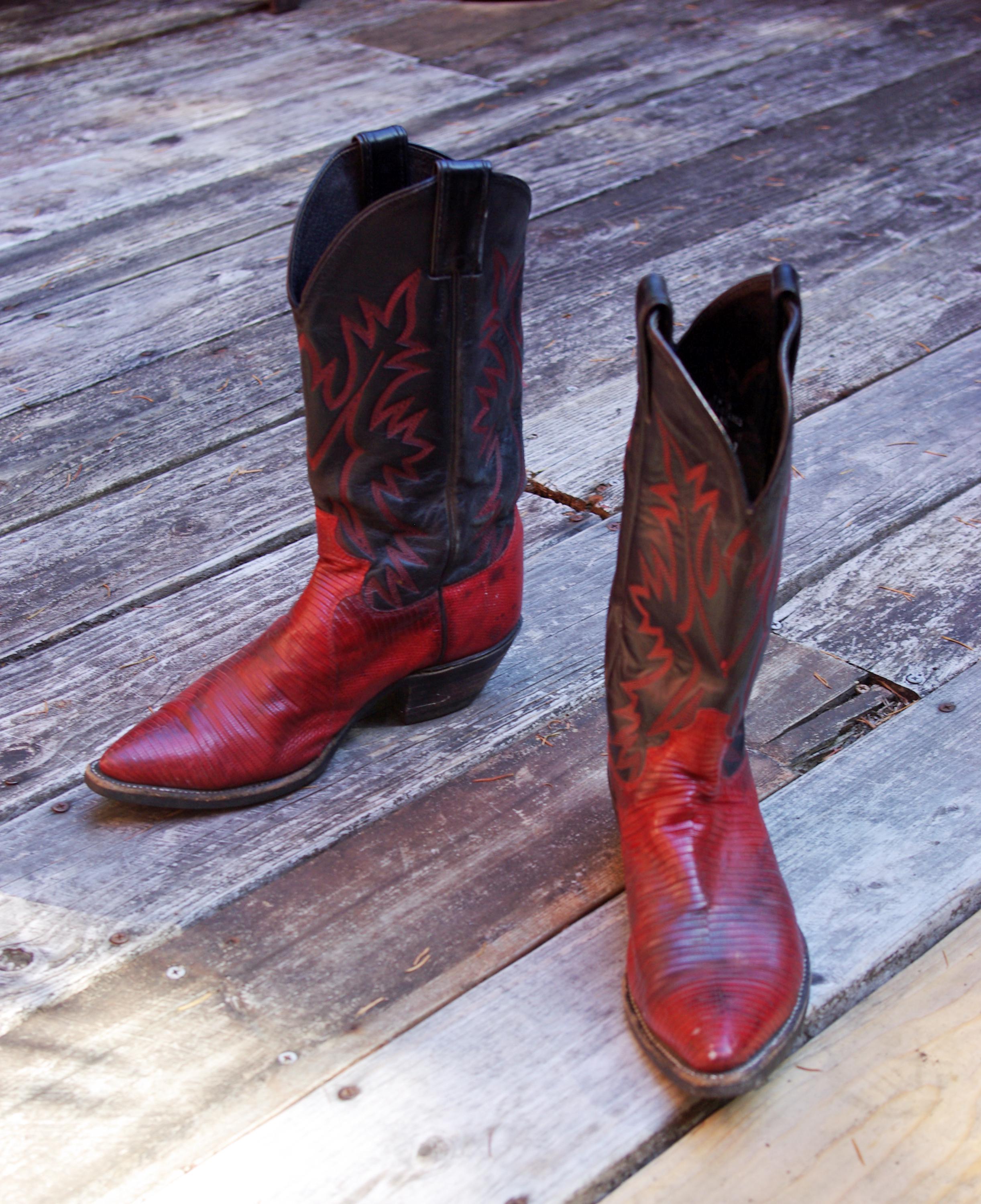 Bottes Western Cowboy Justin - Cuir Lézard Marron/Rouge - Taille 10D - Occasion Vintage