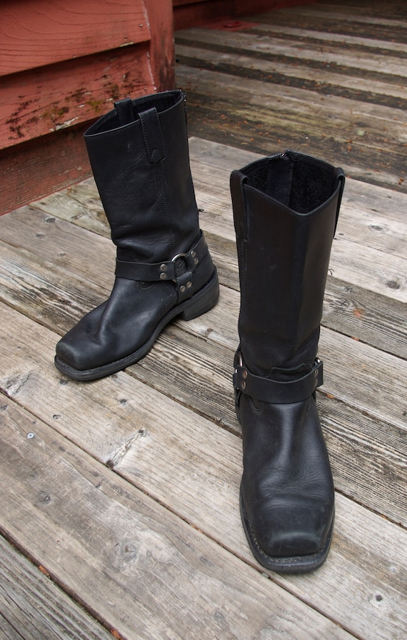 Black Leather Milwaukee Harness Boots Square Toe M