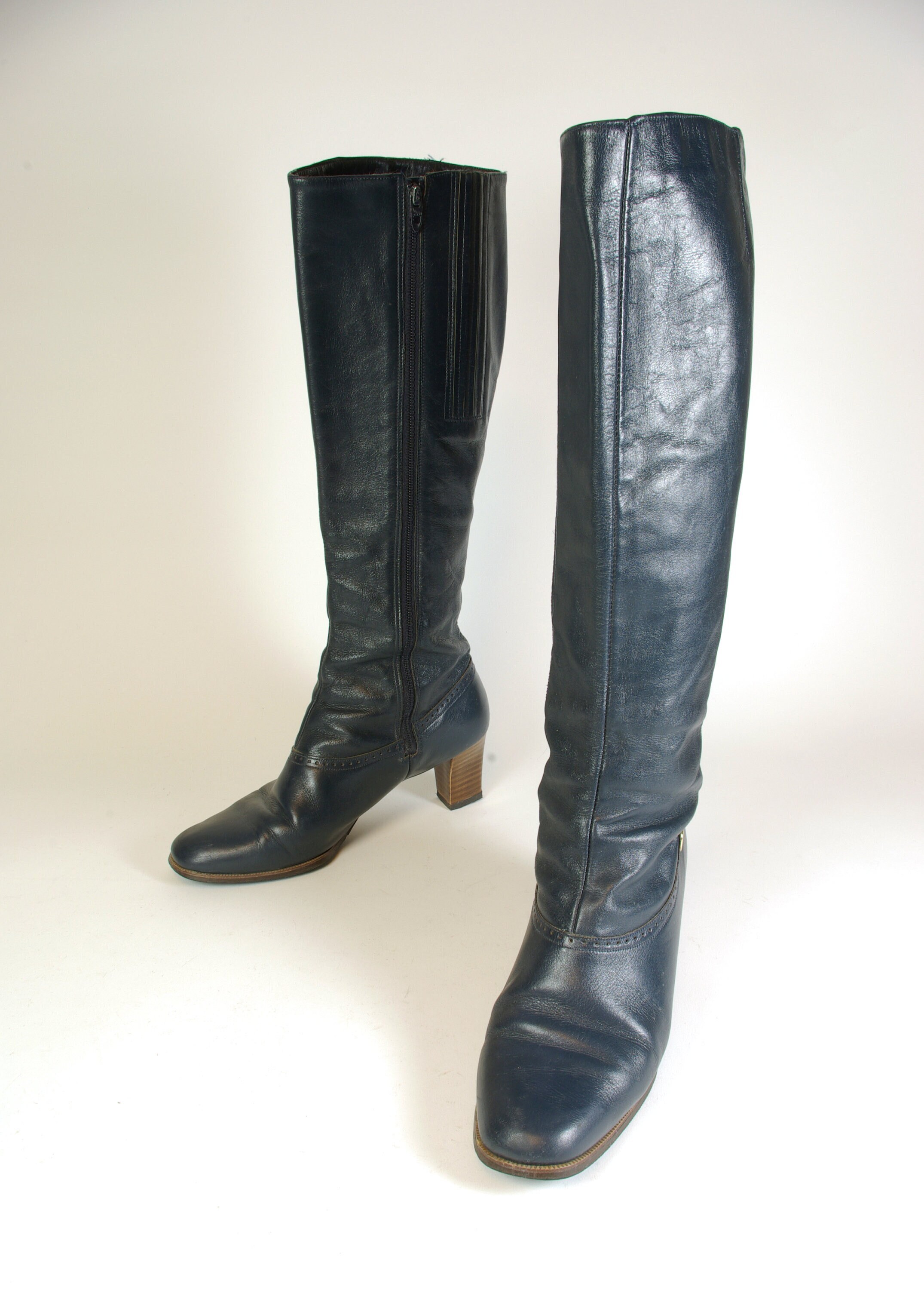 70s Black Leather Boots, Tall High Heel Boot Cobbie 9M