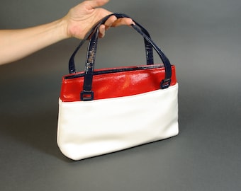 Borsa multiscomparto in vinile rosso, bianco e blu, modello anni '60/inizio anni '70