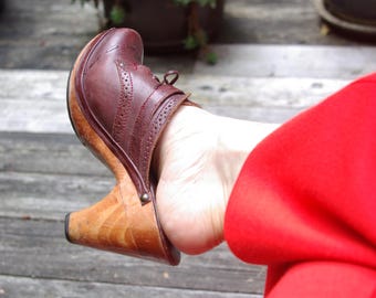 70s Platform Clogs: QualiCraft Merlot Leather Wood Mules, US Size 6B