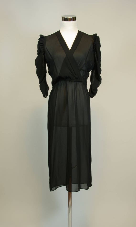 Sheer Black 70s does 40s Dress Elastic Waist Glam 