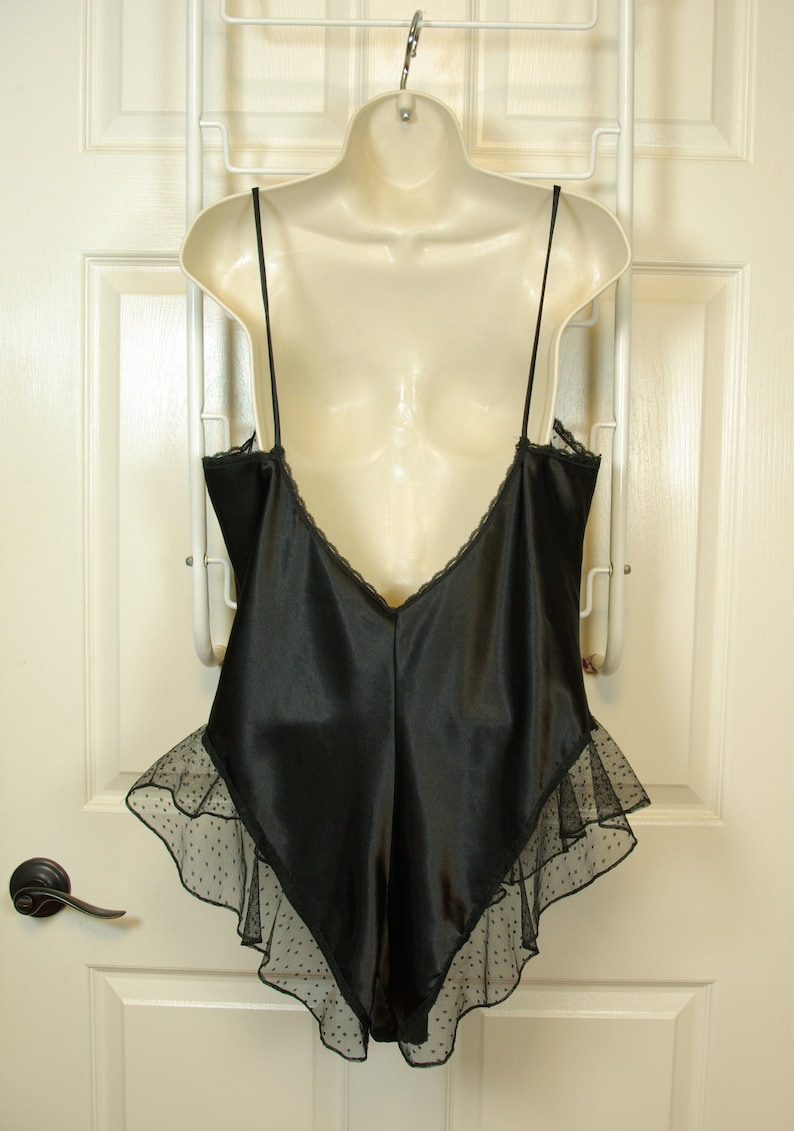 Lacy Mesh Heart Black Satin High Cut Step In Teddy Large size 80s Delicates label