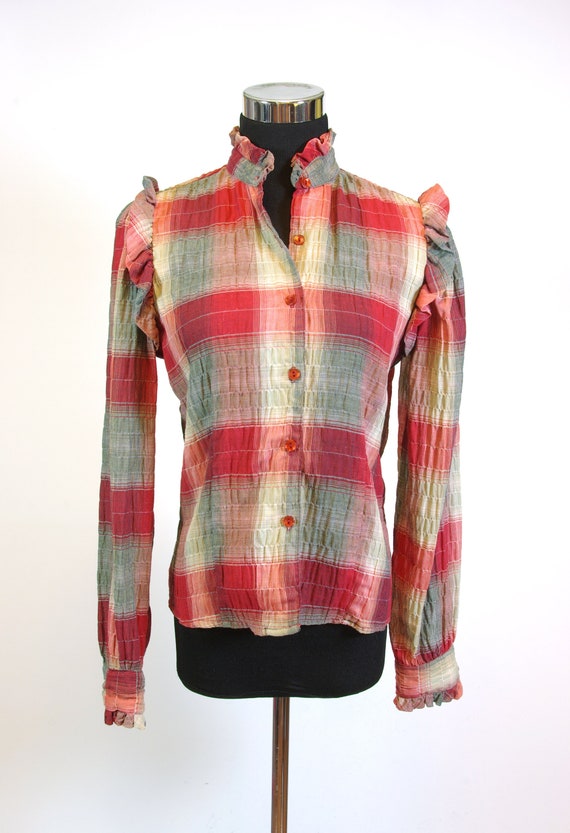 80s Ruffled Plaid Button Front Long Sleeve Blouse 