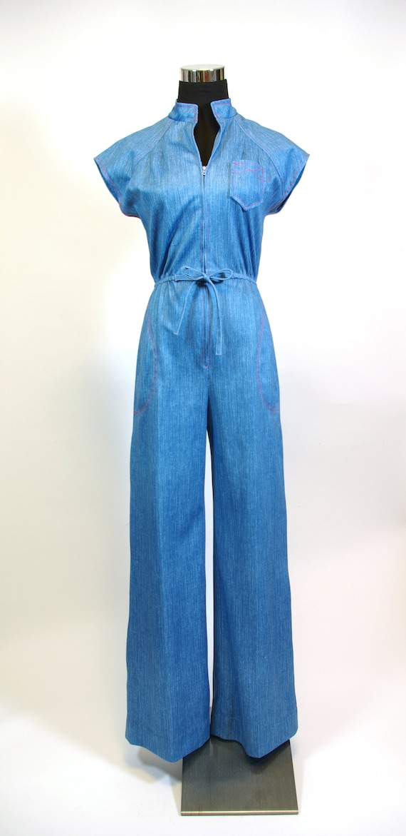 Faux Denim Print Adjustable Waist Cap Sleeve 1970s