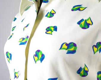 70s Novelty Print Blouse Cream Multicolor Teardrop Pattern M Pointy Collar