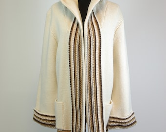 Hooded 70s Cardigan Strobe Stripe Design Boho Casual Cozy Sweater M - L