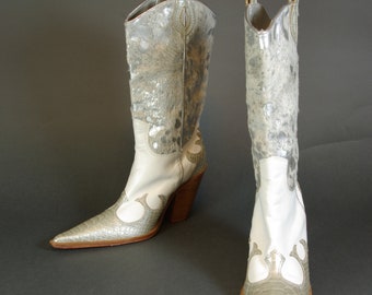 Silver Reptile and Burnout Pattern Cowhide High Heel Cowgirl Boots 6M US 3-1/2 UK 36 EUR