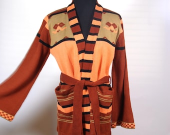 70s Bell Sleeve Open Tie Front Sweater Geometric Patterns Boho Hippie M