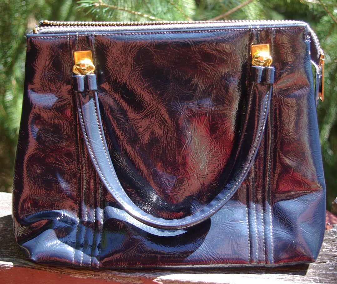 Navy Blue Top Handle Bag Vintage 60s Structured Satchel Gold Twist Lock Retro
