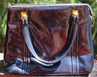 Borsa a mano con manico superiore in vinile blu navy, modello anni '60/inizio anni '70