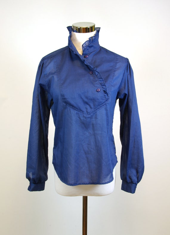 80s Ruffled Bib Front Blue Long Sleeve Blouse 80s