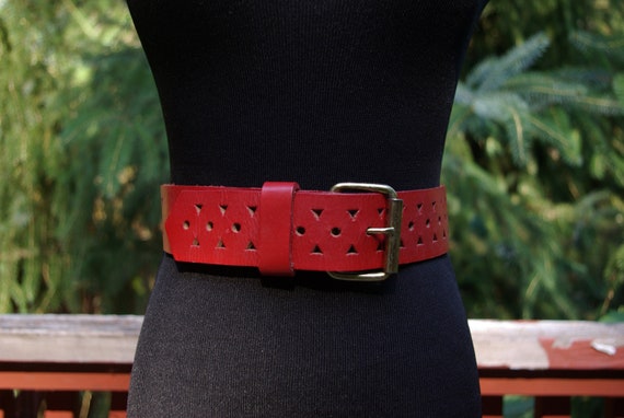 Red Leather Cutout Belt 80s Geometric New Wave Rocker Vixen 