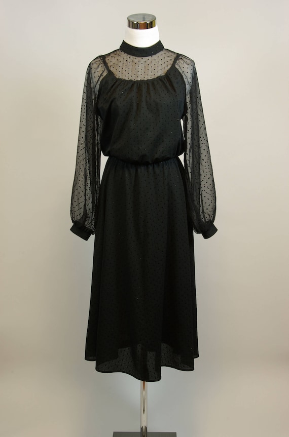 Black Dress Sheer Dotted Bishop Sleeve Goth Midi D