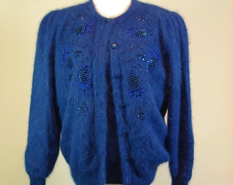 Angora Sweater Set Royal Blue Beaded Cardigan and Short Sleeve Sweater M 90s Retro Plush Sweater