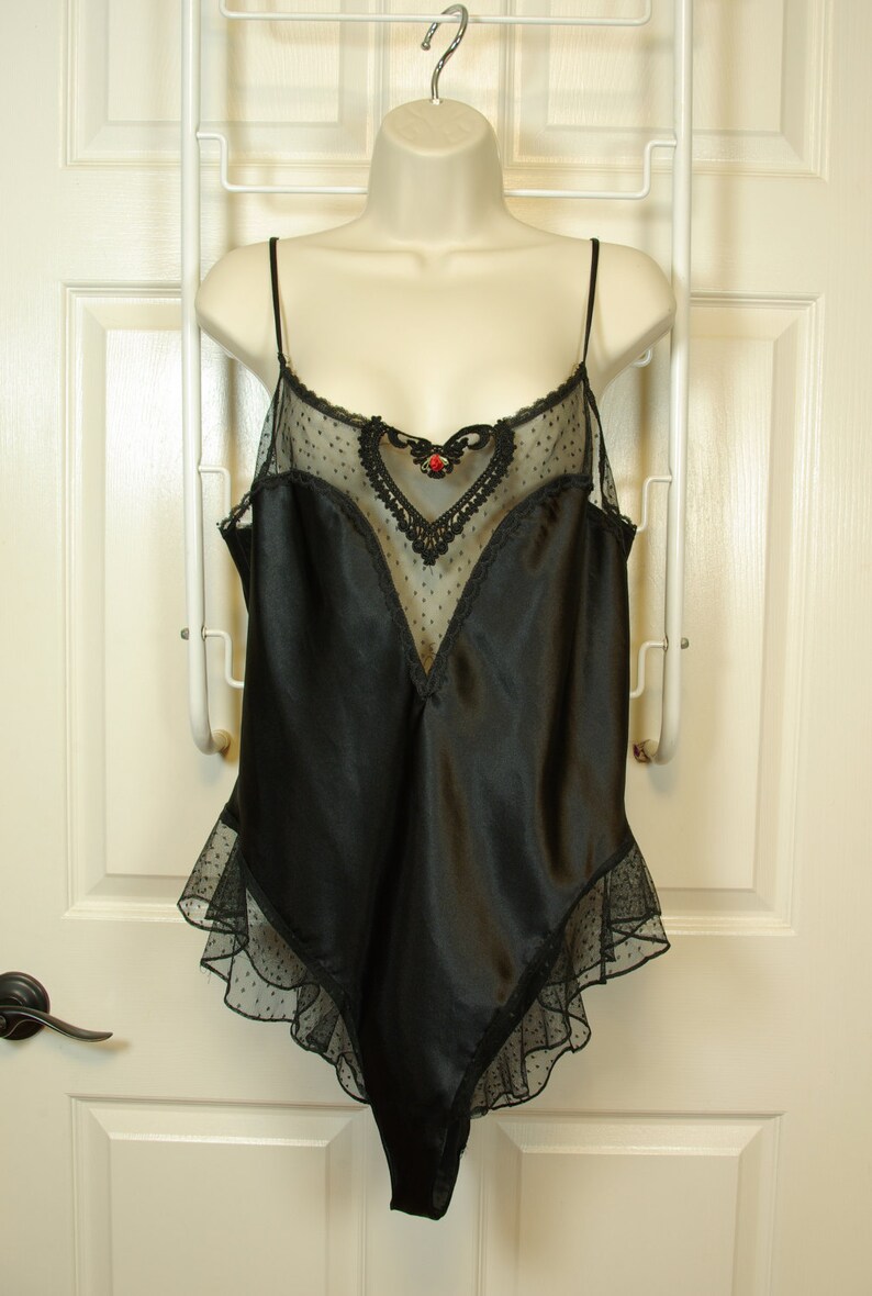 Lacy Mesh Heart Black Satin High Cut Step In Teddy Large size 80s Delicates label