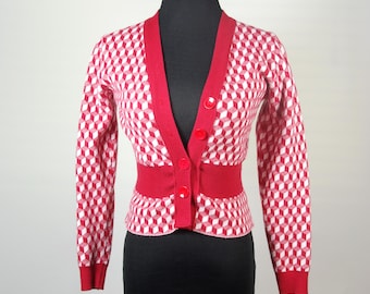 70s Does 30s Op Art Sweater Red & White Button Front Cardigan XXS XS