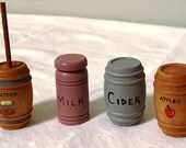 Dollhouse miniature decorated barrels - Milk, Apples, Cider, and Butter Churn