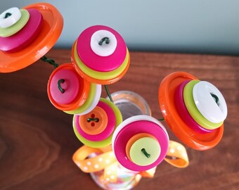 Button Flower Bouquet; Altered Bottle Collage; Torn Paper Collage; Hostess Gift; Home Decor; Nursery Decor; Kitchen Decor; Cheerful Decor