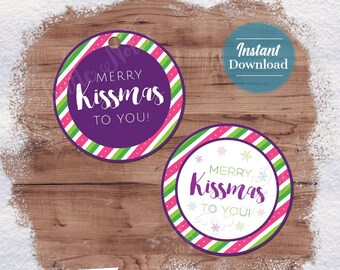 2 etiquetas de regalo imprimibles Merry Kissmas / Rayas moradas, rosas y verdes de 3"