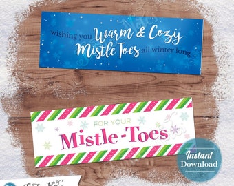 2 adornos imprimibles para bolsas de dulces navideños / etiquetas de regalo editables con temática de muérdago