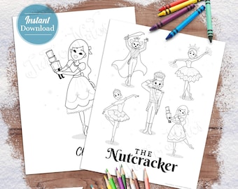 May include: Black and white coloring pages featuring characters from The Nutcracker ballet. The pages include Clara, the Nutcracker, the Mouse King, and the Sugar Plum Fairy. The pages are ready to be colored with crayons or markers.