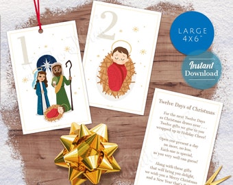 Large Nativity 12 Days of Christmas Gift Tags with Gift Poem | Digital Printable 4x6" Tags or Stickers 12 Days of Christmas Gifts CT012