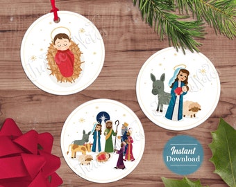 Folk Art Illustrated Nativity Scene Gift Tags: Christmas Printable Stickers (Digital Download)
