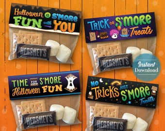 Printable Halloween Treat Bag Toppers | S’mores Theme | 4 Trick-or-Treat Favor Tags | Instant Download