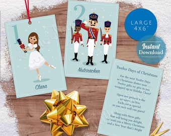 Large Light Blue Nutcracker 12 Days of Christmas Gift Tags with Gift Poem | Digital Printable 4x6" Tags for 12 Days of Christmas Gifts