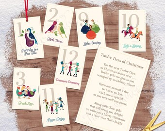 Classic Twelve Days of Christmas Gift Tags with Gift Poem | Digital Printable Gift Tags, Labels, or Stickers for 12 Days of Christmas Gifts