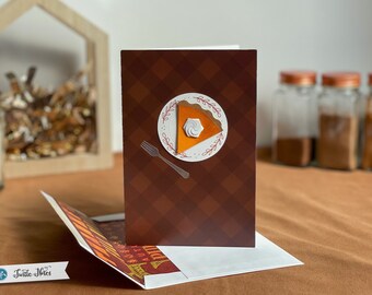 Tarjeta de felicitación de Acción de Gracias con pastel de calabaza / Tarjeta festiva