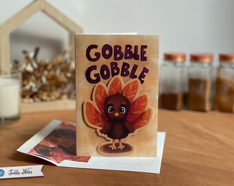 Tarjeta de felicitación de Acción de Gracias con un lindo pavo / ¡Glu, glu! / Tarjeta festiva de temporada / Para niños / De niños