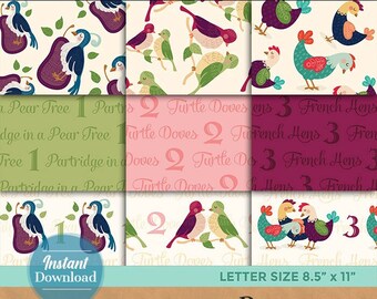 Twelve Days of Christmas Digital Paper Pack: Folk Art Scrapbook, 36 Designs (Digital Download)