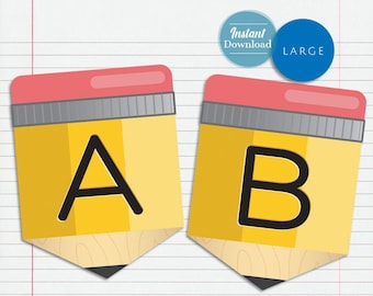 May include: Two yellow pencil-shaped printable pennants with the letters A and B in black. The pennants are on a white and gray lined background.