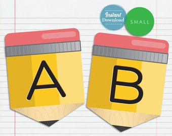 May include: Two yellow pencil-shaped printable pennants with red erasers and black letters. The first pennant has the letter "A" and the second pennant has the letter "B".