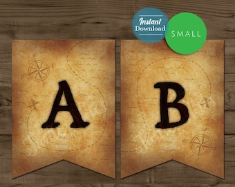 Banner temático de mapa del tesoro pirata pequeño: Banner imprimible Todas las letras del 0 al 9 números