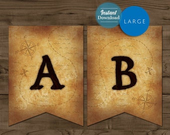 Large Pirate Treasure Map Themed Banner :  Printable Banner All Letters 0-9 numbers