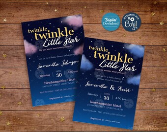 Twinkle Little Star Baby Shower Invitation: Pink or Blue Clouds (Digital Download, Editable in Corjl)