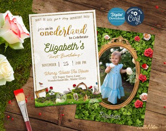 May include: A gold and white invitation with a whimsical Wonderland theme. The invitation features a photo of a young girl in a blue dress, surrounded by greenery and flowers. The text on the invitation reads "Don't be late for a very important date! Join us in onederland to celebrate Elizabeth's First Birthday! November 25 | 2:00 PM Whimsy Woods Tea House 123 Topsy-Turvy Lane Wonderlandville, Maine 12345"
