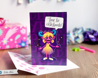 Happy Birthday | Time to Celebrate Your Birthday Greeting Card  |  Pink Monster | Party Celebration Card | Card for Kids Girl