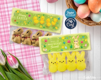 Printable Easter Treat Bag Toppers: Storybook Illustration Bunny & Chick Design (Digital Download, Editable in Corjl)