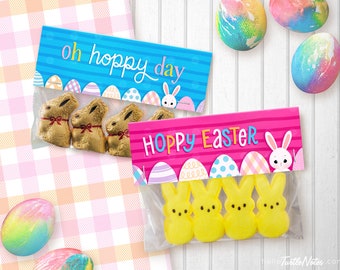 2 Printable Happy Easter Color Pop Treat Bag Toppers | Illustrated Easter Eggs and Bunny |  Hoppy Easter & Oh Hoppy Day