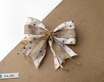 Rustic Gold Snowflake White & Gold Polka-Dot Glitter Ribbon Hair Bow | 3in French Barrette | Hand Crafted