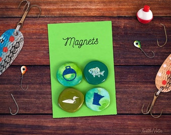 Minnesota Fishing Themed Bottle Cap Magnets #01 | Set of 4 | MN Gift | Hand Crafted | BCM306