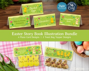 Printable Easter Favor Tags & Place Cards | Storybook Bunny and Chick Spring Party Set | Editable Corjl Template Bundle