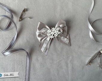 Elegant Silver Glitter & Grey Winter White Snowflake Hair Bow | 3in French Barrette | Hand Crafted