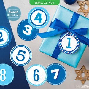 Blue 8 Days of Hanukkah Gift Tags with Gift Poem Digital Printable Tags, Labels, or Stickers for 8 Days of Christmas Gifts CT012 image 1