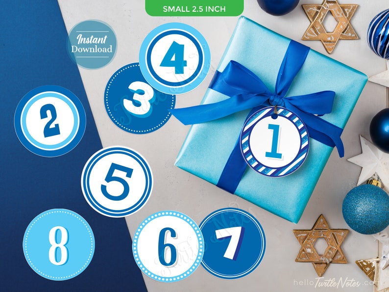 Blue 8 Days of Hanukkah Gift Tags with Gift Poem Digital Printable Tags, Labels, or Stickers for 8 Days of Christmas Gifts CT012 image 1